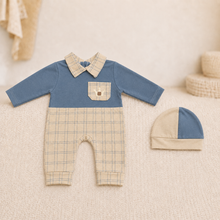 Checkered Early-Winter Romper Set with Cap – Blue & Beige