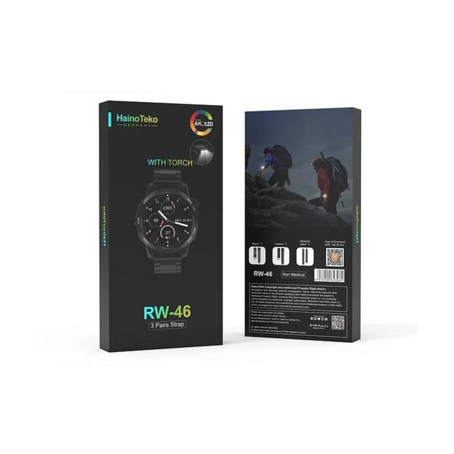Haino Teko RW-46 Smartwatch – AMOLED Display | With Torch | 3 Straps Included