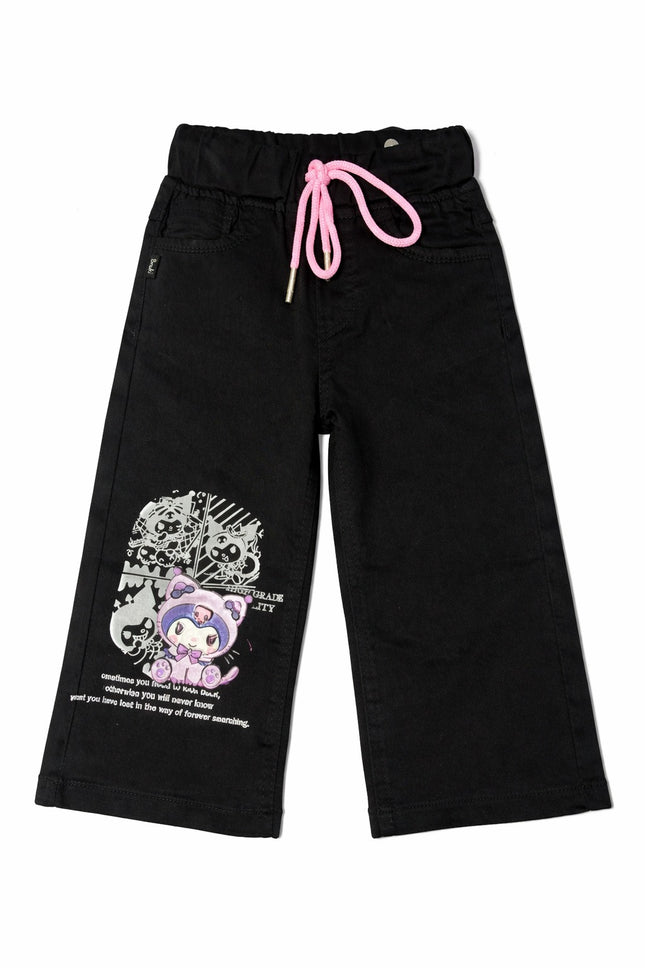 Girls Black Wide Leg Pants with Cartoon Print & Pink Drawstring (Kids)