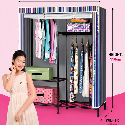 Portable Wardrobe Closet – Double Hanging Clothes Organizer with Dustproof Cover & Storage Shelves