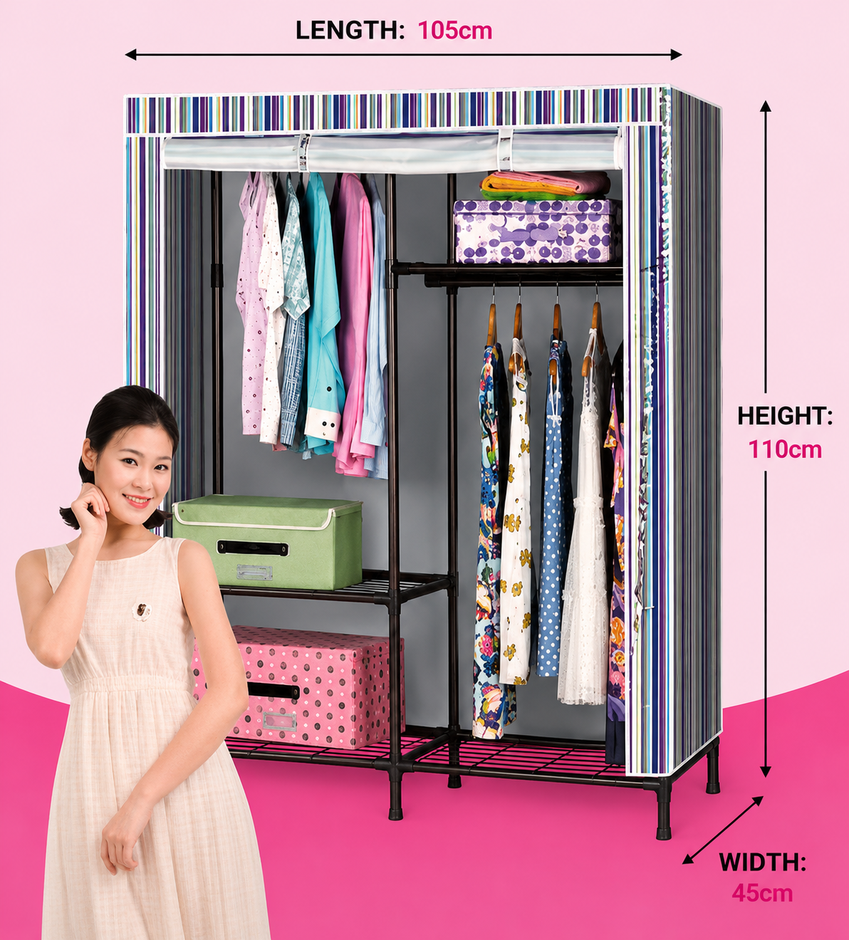 Portable Wardrobe Closet – Double Hanging Clothes Organizer with Dustproof Cover & Storage Shelves