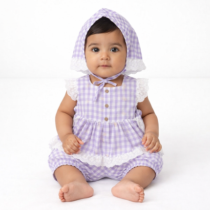 Lavender Gingham Baby Girl 3-Piece Outfit Set with Lace & Bonnet