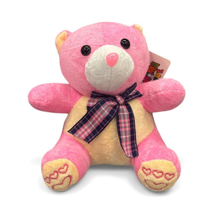 Sweet Pink & Yellow Color-Block Teddy Bear with Plaid Bow - Huggable Plush Pal