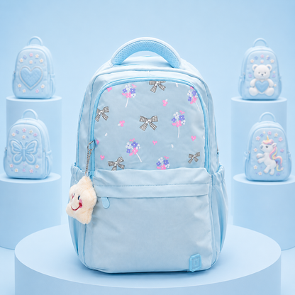 Girls Light Blue Floral School Backpack – 18"H× 13"W
