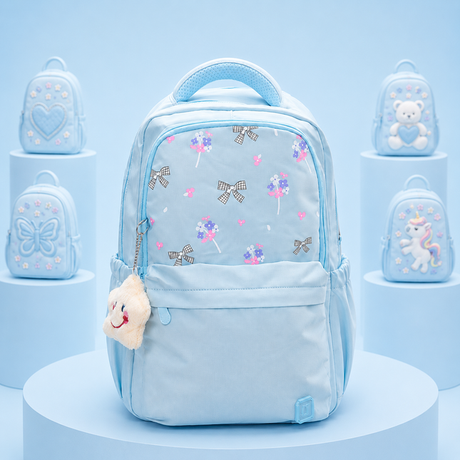 Girls Light Blue Floral School Backpack – 18"H× 13"W