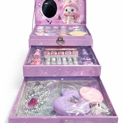 Girl Cosmetic Family 3-Layer Makeup & Jewellery Play Box – Princess Beauty Kit with Mirror