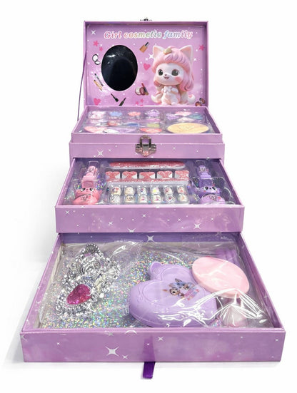 Girl Cosmetic Family 3-Layer Makeup & Jewellery Play Box – Princess Beauty Kit with Mirror