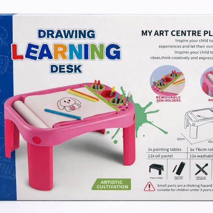 Kids Drawing Learning Desk – My Art Centre Play Set with Roll Paper & Markers (Pink)