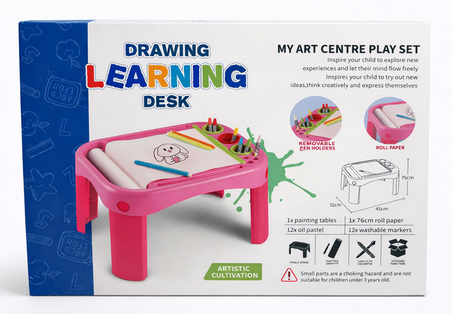 Kids Drawing Learning Desk – My Art Centre Play Set with Roll Paper & Markers (Pink)