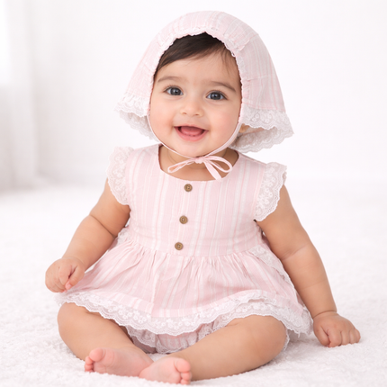 Vintage Pink Baby Girl 3-Piece Dress Set (Top, Bloomers & Matching Bonnet)