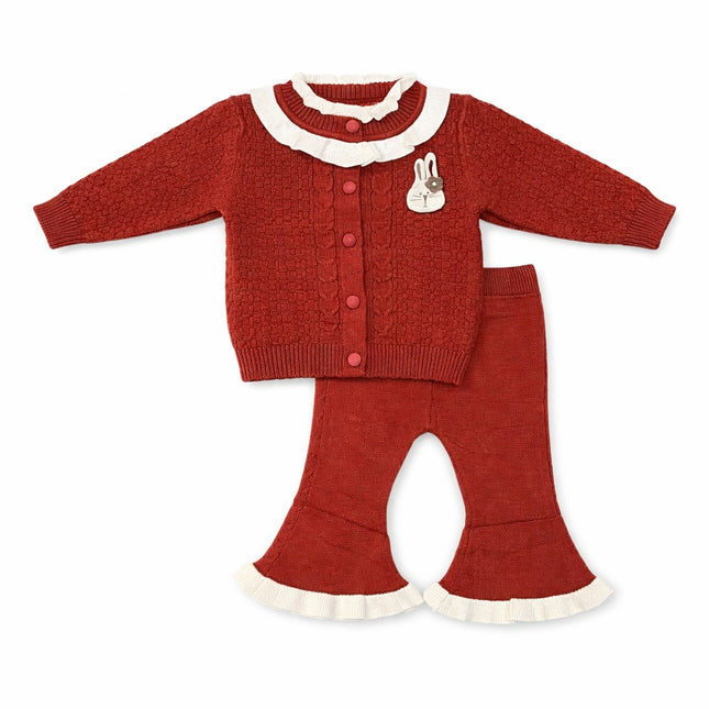 Cute Knit Baby Outfit Set for 3–9 Months – Red Cardigan & Flared Pants Two-Piece Set