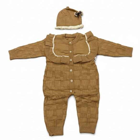 Warm Brown Knitted Baby Romper with Ruffle Cape & Bow Cap – Winter 2-Piece Set