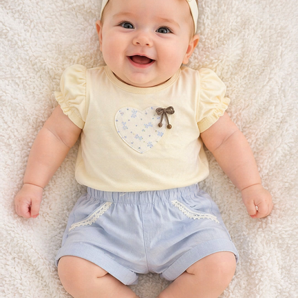 Baby Girl Puff Sleeve Heart Patch T-Shirt & Lace-Trimmed Shorts 2-Piece Summer Set