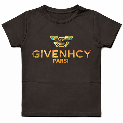 Kids Black “GIVENHCY PARSI” Printed T-Shirt – Round Neck Half Sleeves