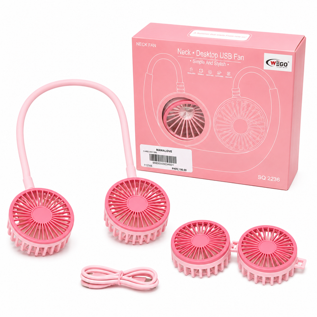 Portable Rechargeable Neck Fan – Dual Head USB Cooling Fan (Pink)