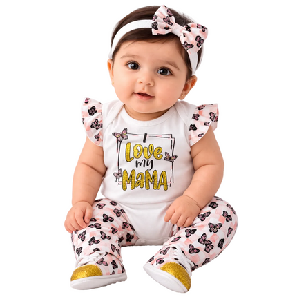 Love My Mama Baby Girl 3-Piece Outfit Set – Butterfly Bodysuit, Printed Leggings & Sneakers