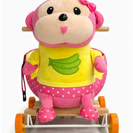 Kids Plush Monkey Rocking Ride-On with Wheels & Safety Belt – Soft Wooden Rocker Toy (Pink/Yellow)