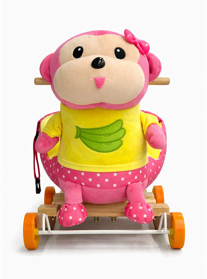Kids Plush Monkey Rocking Ride-On with Wheels & Safety Belt – Soft Wooden Rocker Toy (Pink/Yellow)