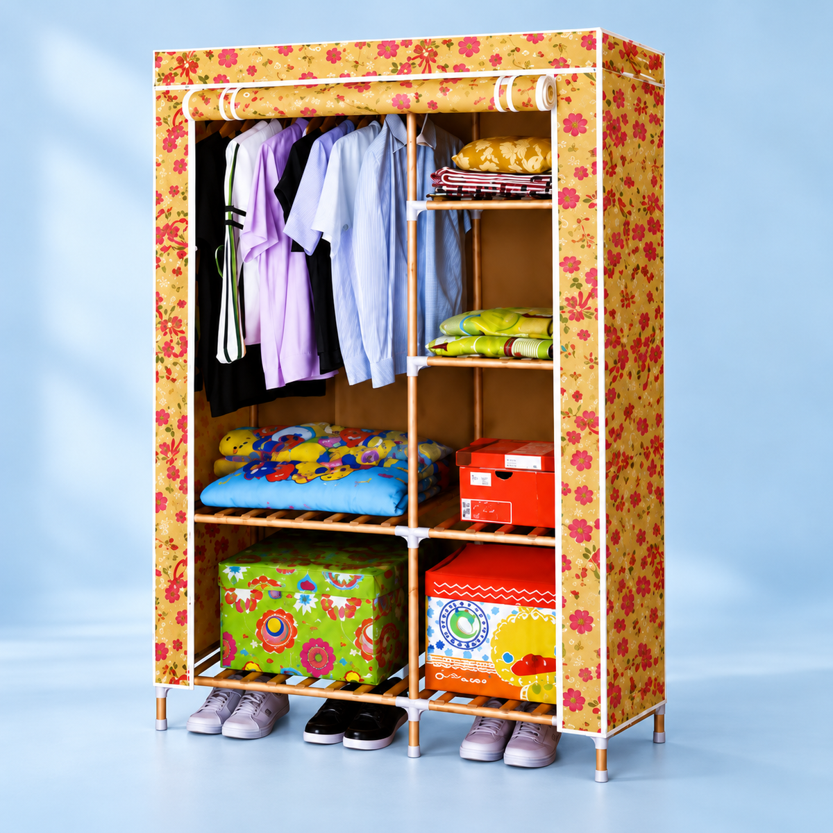 Portable Wardrobe Closet  – Dustproof Clothes Organizer with Hanging Rod & Multi-Tier Storage Shelves