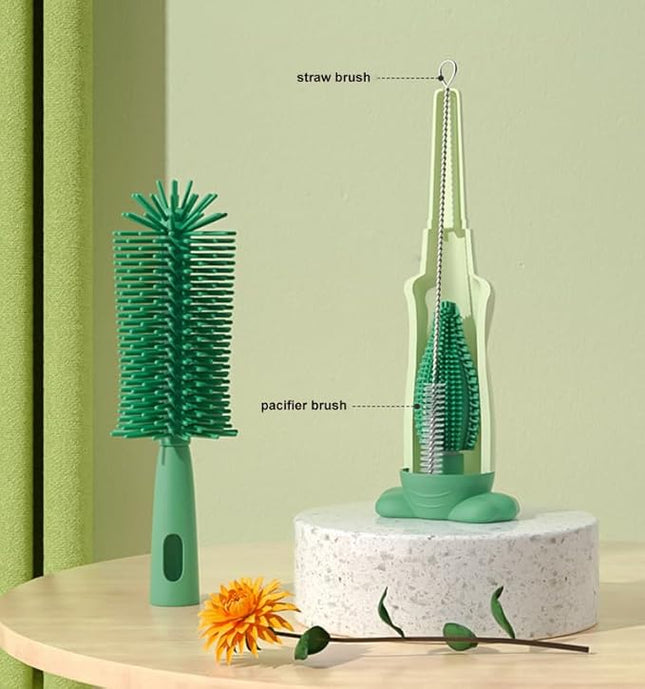 ONLY BABY  3 IN 1 BABY BOTTLE CLEANING BRUSH-SILICONE WITH STRAW LONG TOOL GREEN