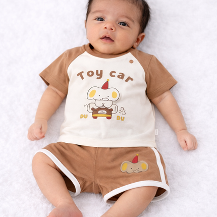 Baby Boy Toy Car Summer Co-Ord Set – Cream & Brown (2 Piece Outfit)