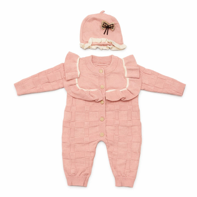 Soft Pink Knitted Baby Romper with Ruffle Cape & Bow Cap – Winter 2-Piece Set