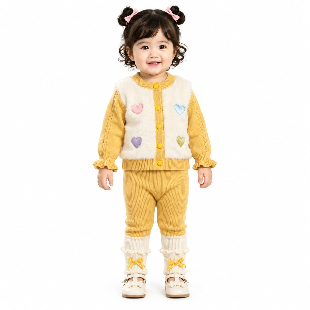 Girls’ Heart Appliqué Knitted Winter 2-Piece Set – Mustard Yellow