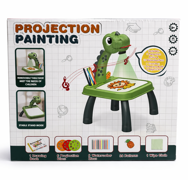 Kids Projection Painting Drawing Table – Dinosaur Art Projector Set with 3 Disks & 12 Watercolor Pens