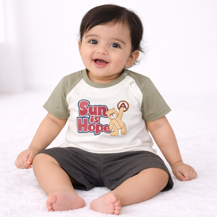 Baby Boy "Sun is Hope" Sage Green Raglan T-Shirt & Charcoal Shorts 2-Piece Summer Set