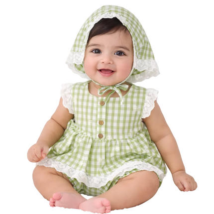 Baby Girl Green Gingham 3-Piece Outfit with Lace & Bonnet