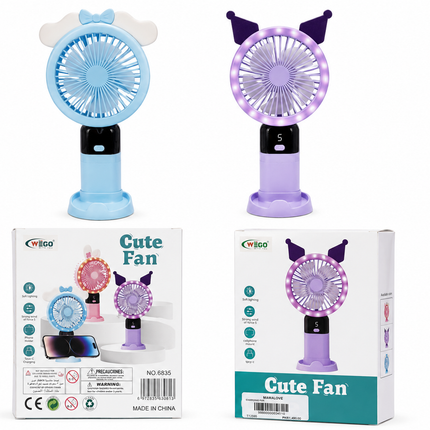 WEGO Cute LED Rechargeable Mini Fan – Portable Handheld & Desktop USB Fan with Soft Light (Blue & Purple)