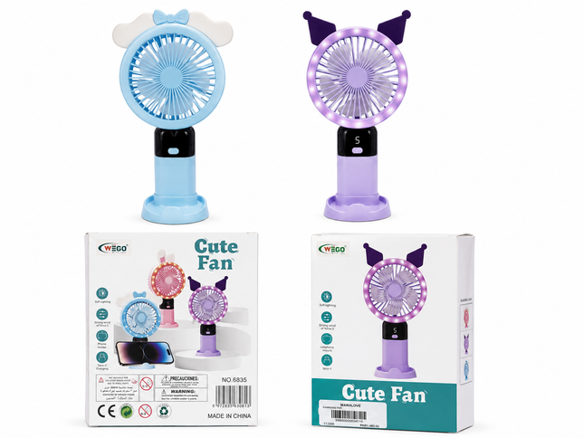 WEGO Cute LED Rechargeable Mini Fan – Portable Handheld & Desktop USB Fan with Soft Light (Blue & Purple)