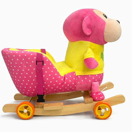 Kids Plush Monkey Rocking Ride-On with Wheels & Safety Belt – Soft Wooden Rocker Toy (Pink/Yellow)