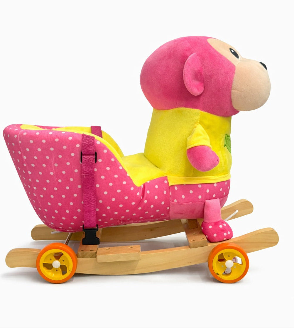 Kids Plush Monkey Rocking Ride-On with Wheels & Safety Belt – Soft Wooden Rocker Toy (Pink/Yellow)