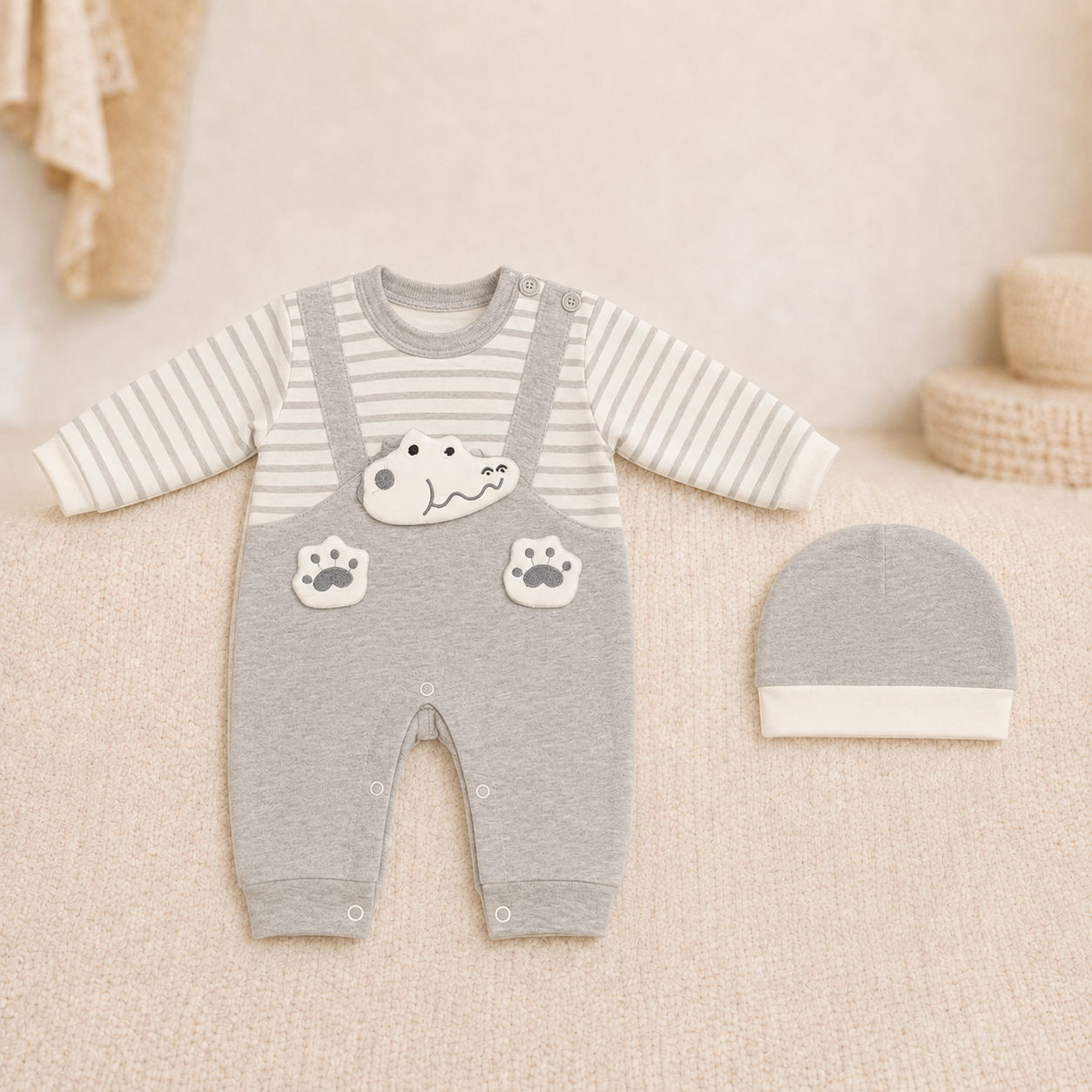 Baby Dinosaur Early-Winter Romper Set with Cap – Grey & White