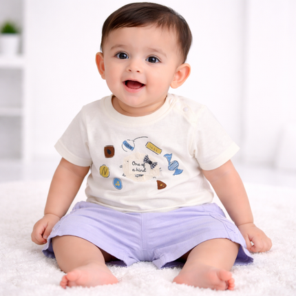 One of a Kind Baby Girl 2-Piece Summer Set (Printed T-Shirt & Ruffle Shorts – Lavender)