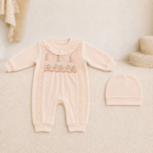 Floral Embroidered Early-Winter Romper Set with Cap – Peach