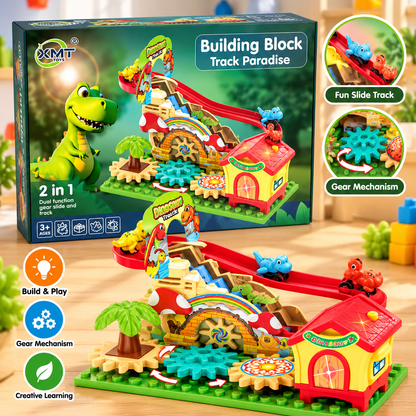 Adventure Track & Building Blocks – 2-in-1 Gear Slide Racing