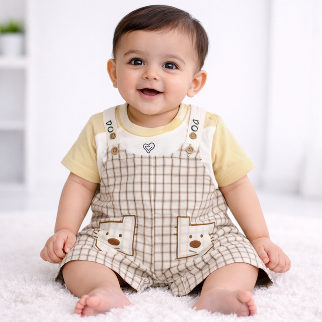 Cute Bear Check Baby Boy 2-Piece Dungaree Set (T-Shirt & Short Overalls – Beige)