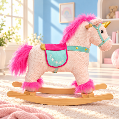 Kids Plush Unicorn Rocking Ride-On with Wheels – Soft Wooden Rocker Toy (Pink & White)