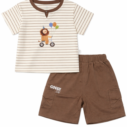 Lion Adventure Baby Boy 2-Piece Summer Set (Striped T-Shirt & Shorts – Brown)