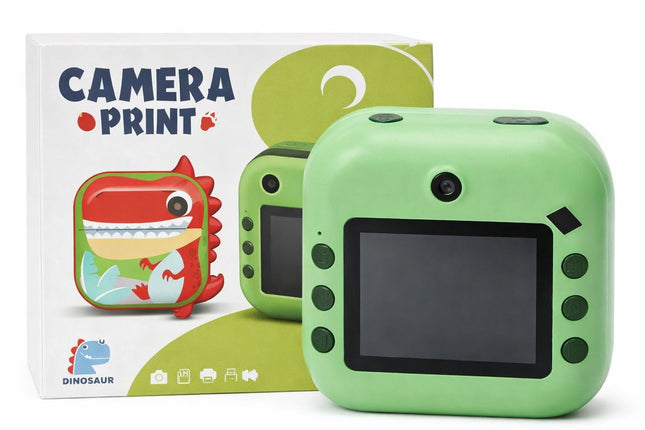 Kids Instant Print Camera – Dinosaur Design (Green) | Rechargeable Digital Camera with Screen