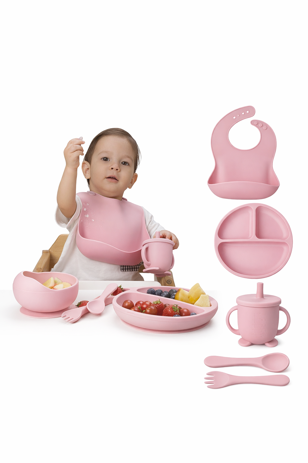 Premium Silicone Baby Feeding Set – Complete Cutlery Kit (Bib, Plate, Bowl, Cup, Spoon & Fork)