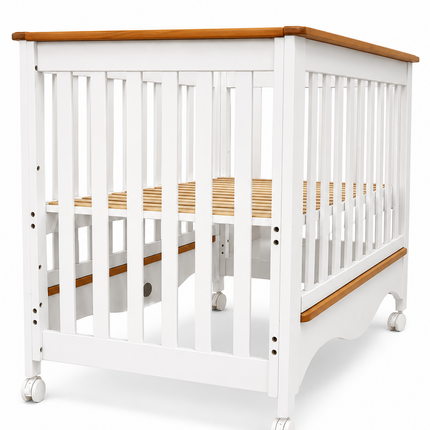 Premium Wooden Baby Cot with Adjustable Mattress Base & Lockable Wheels - BAMBINI