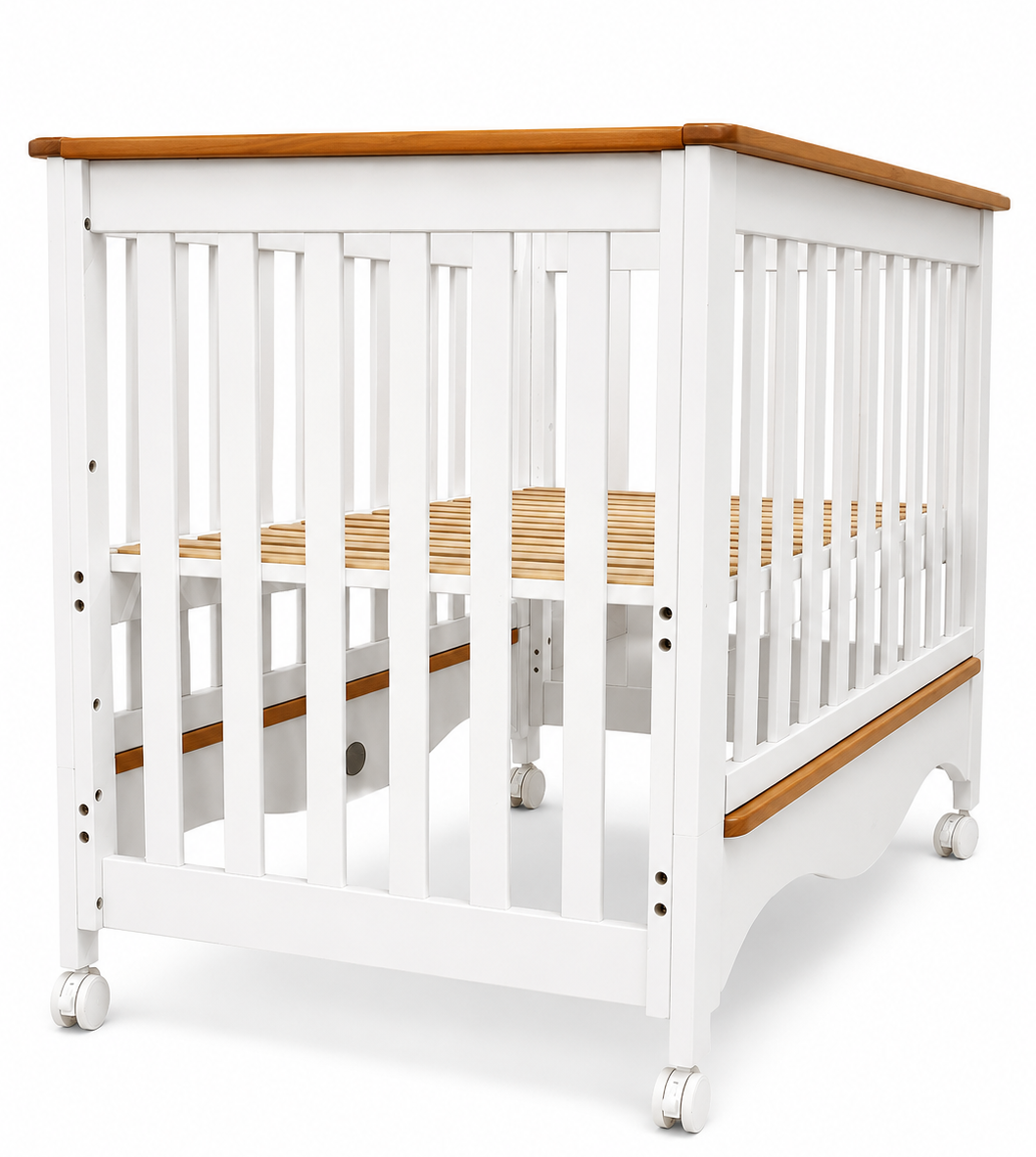 Premium Wooden Baby Cot with Adjustable Mattress Base & Lockable Wheels - BAMBINI
