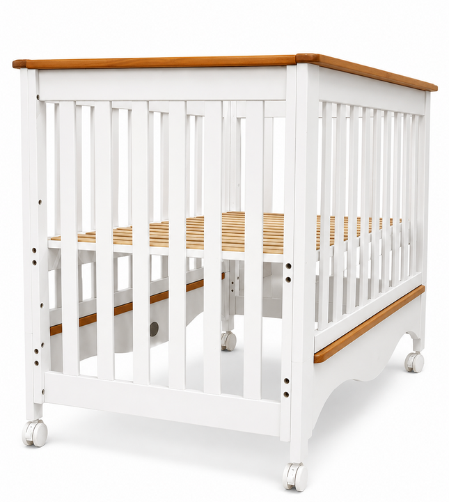 Premium Wooden Baby Cot with Adjustable Mattress Base & Lockable Wheels - BAMBINI