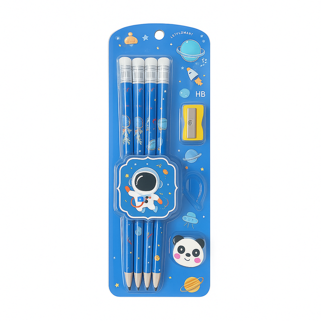 Astronaut Pencil Set for Kids – 6-Piece Stationery Kit (Blue Space Theme)