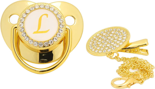 L Alphabet Golden Pacifierr With Rhinestone Clip