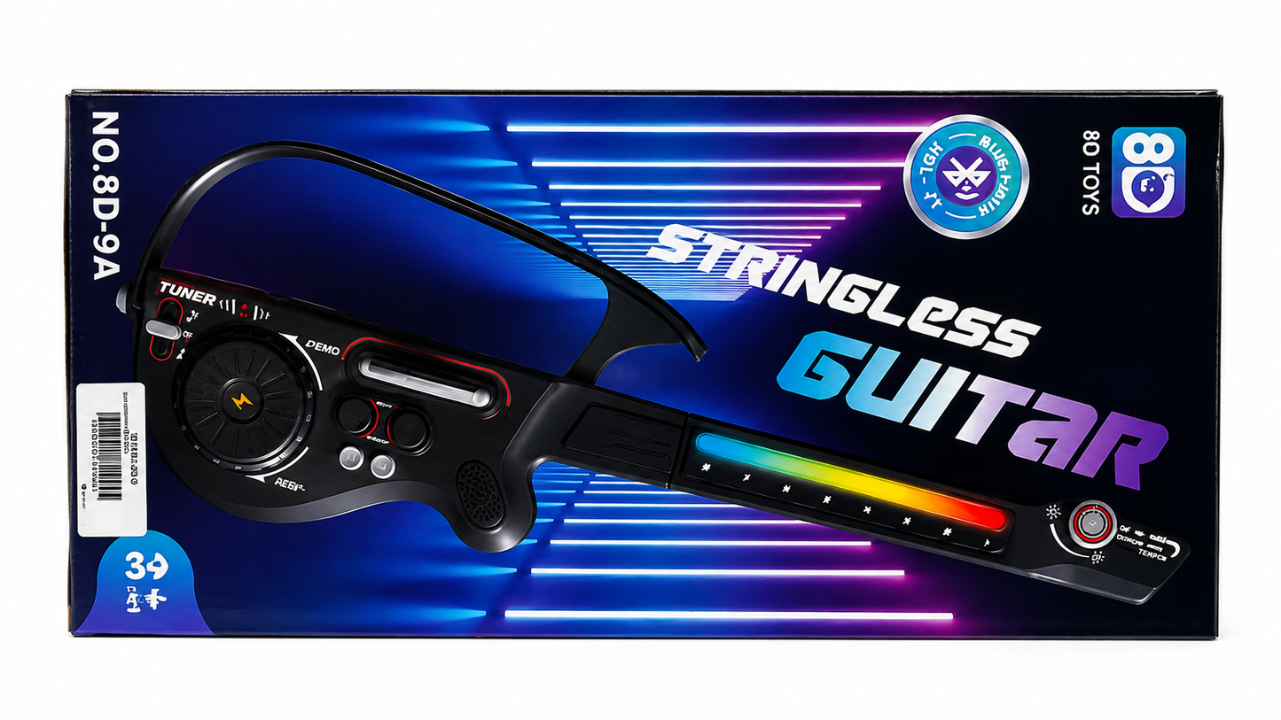 8 Toys Stringless Electronic Guitar for Kids – LED Light Musical Toy Guitar with Sound Effects & Demo Modes