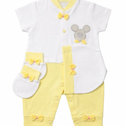 Elegant Baby Boy White Romper with Crown & Bow Tie Design